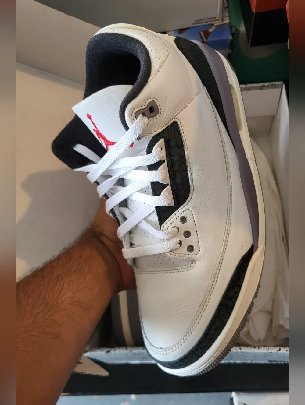 Jordan Retro 3 Sneakers in White, Black and Gray